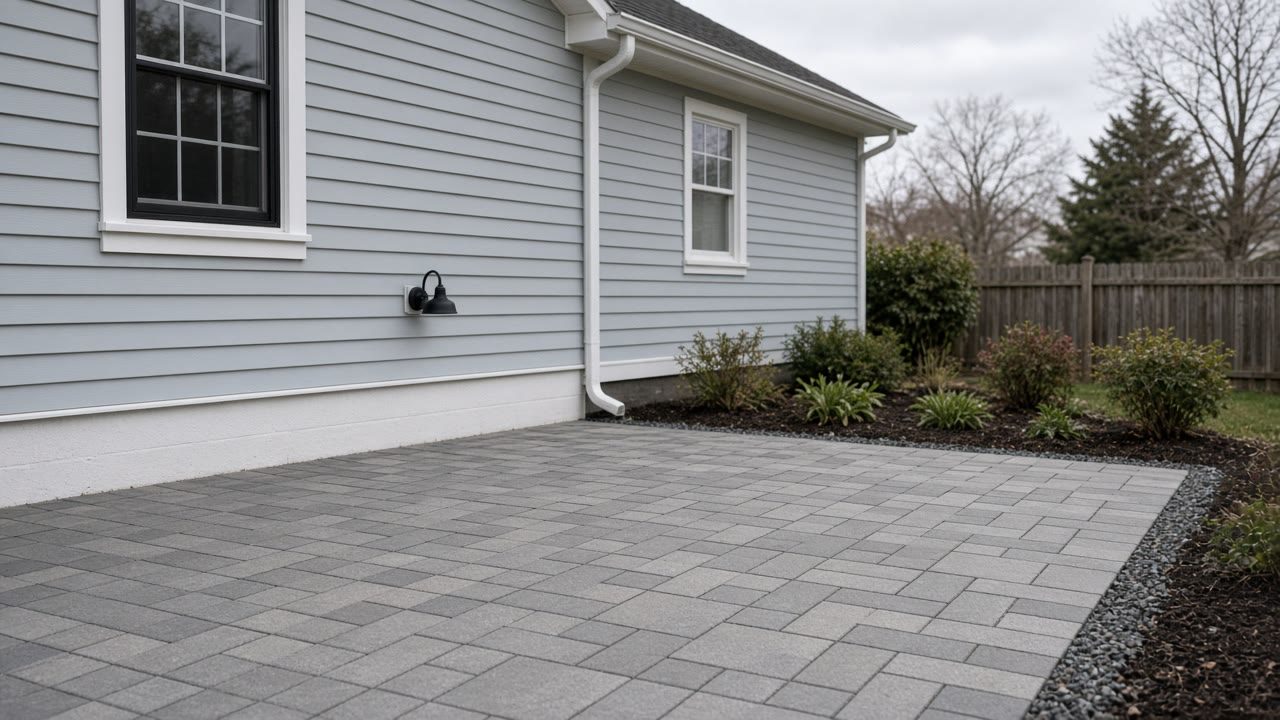 Paver patio running up to the rear wall of a newer house with a fresh mulch border