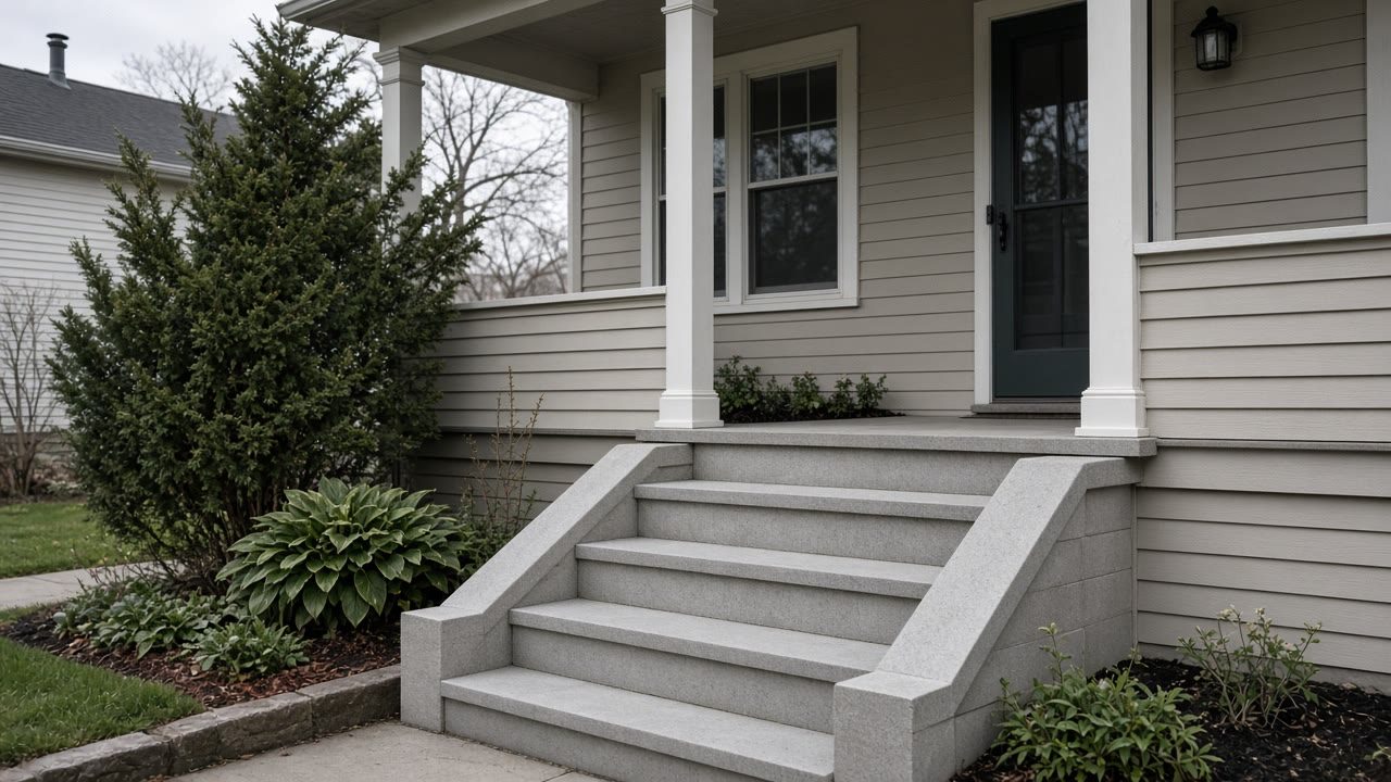 Cut stone front steps leading up to a covered porch on a modest house