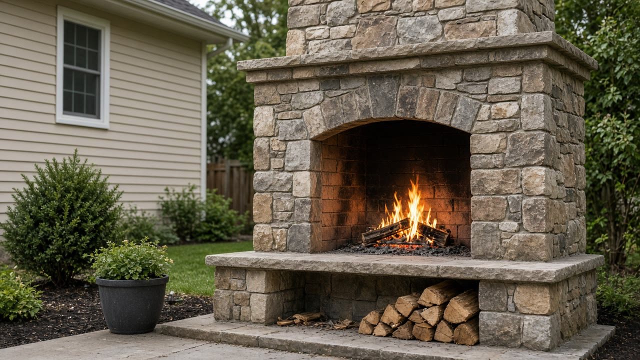 Stone outdoor fireplace with a small wood fire burning in the firebox beside a lawn