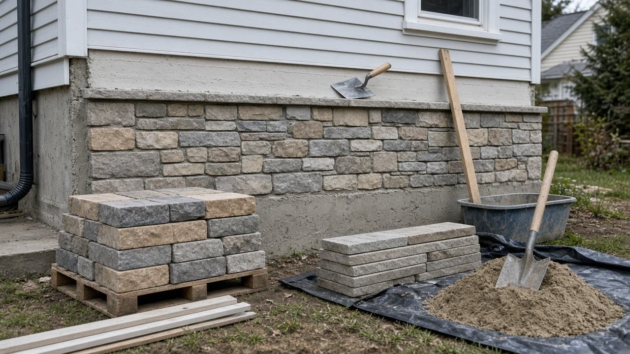 Stone veneer part way up a house wall with pallets of stone, separation fabric and bedding sand on the ground