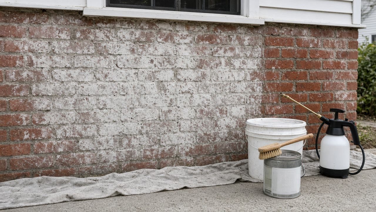 Residential brick wall showing white efflorescence bloom beside a cleaned section, with pump sprayer, scrub brush, sealer can and bucket on a drop cloth