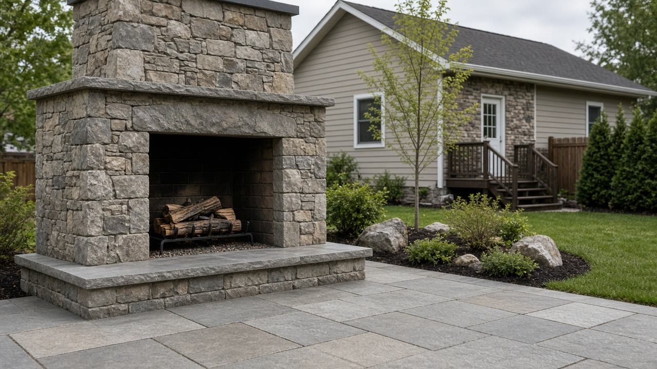 Unlit outdoor stone fireplace with logs stacked in the firebox on a bluestone patio