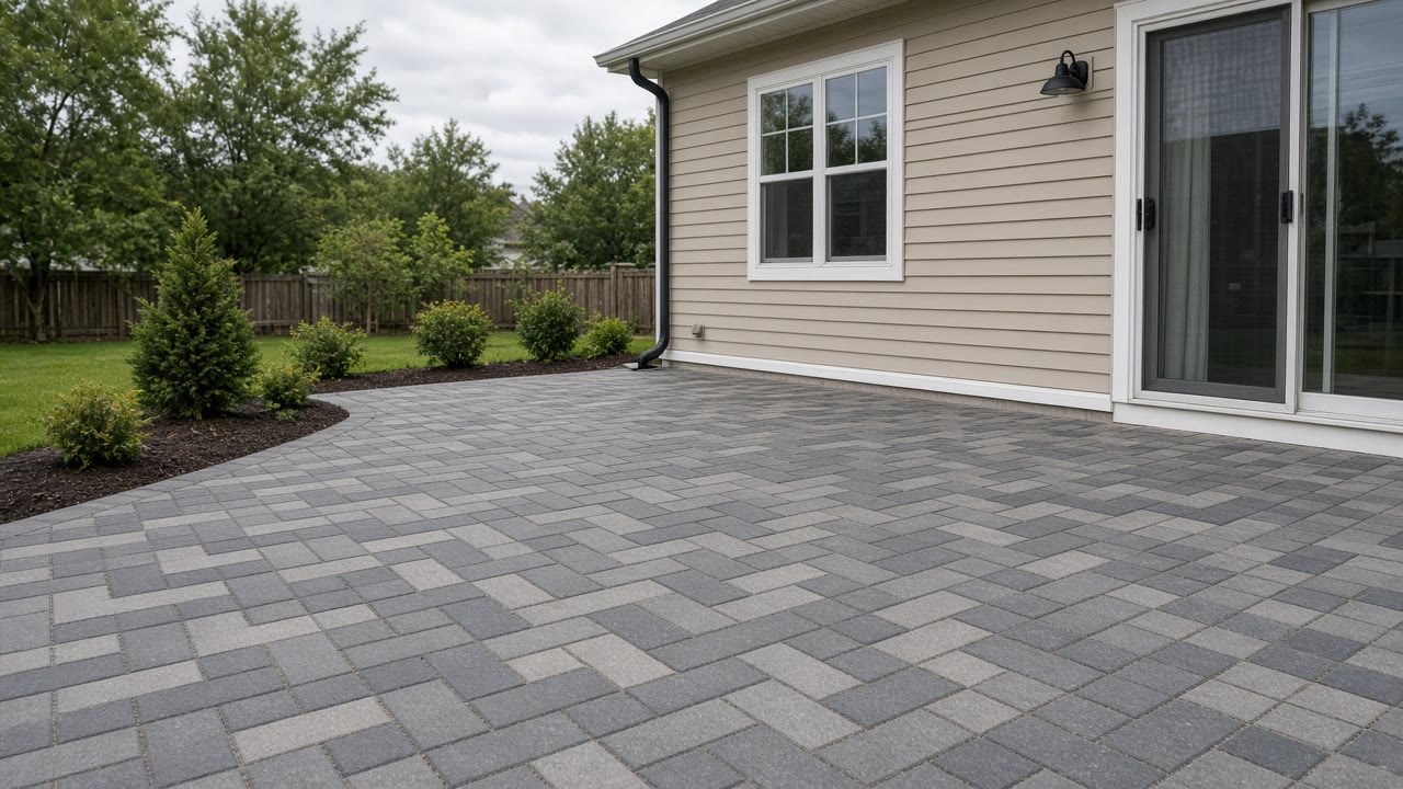 Paver patio laid in a running bond pattern behind a newer house