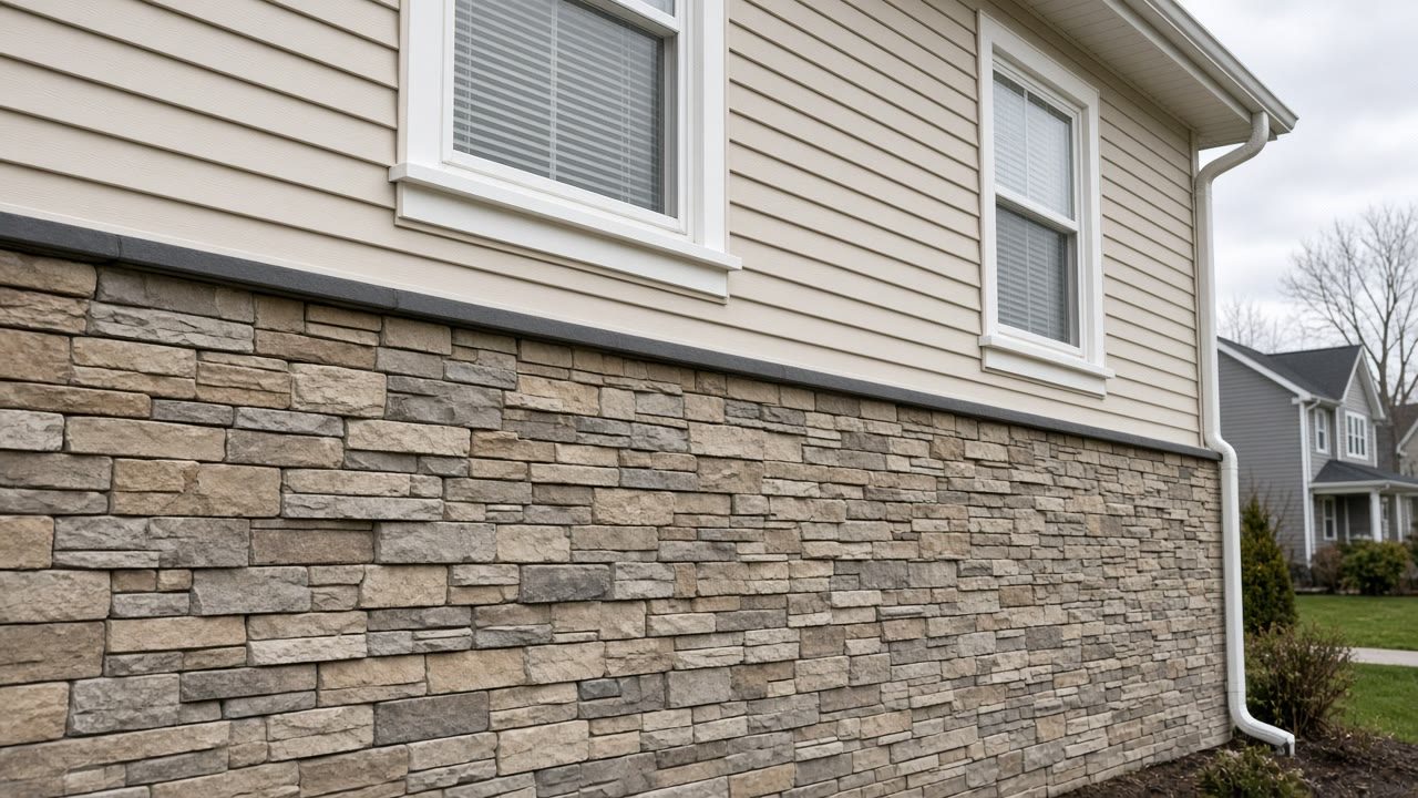 Finished stone veneer facing the lower wall of a newer two story house